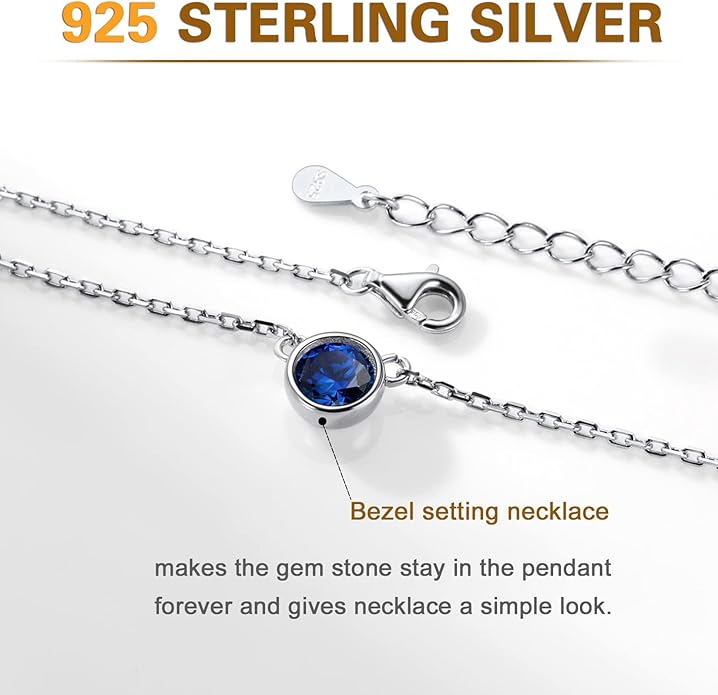 SILVERCUTE Sterling Silver Birthstone Necklace for Women,Dainty Silver Pendant Necklace with Round Cubic Zirconia,16"-18"