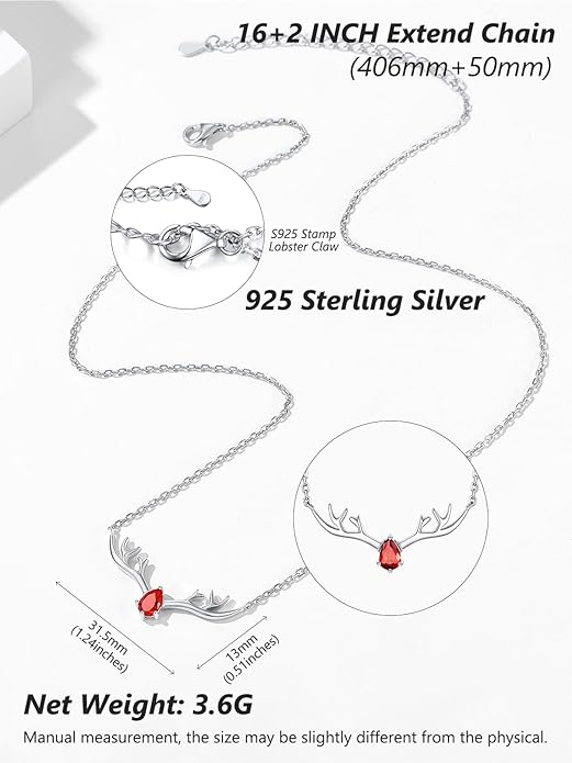 Silvora 925 Sterling Silver Deer Antler Necklace, Antler Deer Jewelry Antler Pendant Choker Birthstone Necklace Christmas Jewelry for Women