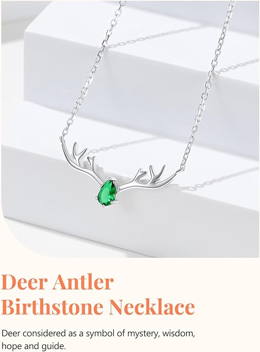Silvora 925 Sterling Silver Deer Antler Necklace, Antler Deer Jewelry Antler Pendant Choker Birthstone Necklace Christmas Jewelry for Women