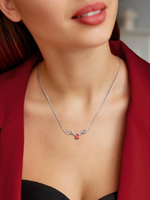 Silvora 925 Sterling Silver Deer Antler Necklace, Antler Deer Jewelry Antler Pendant Choker Birthstone Necklace Christmas Jewelry for Women