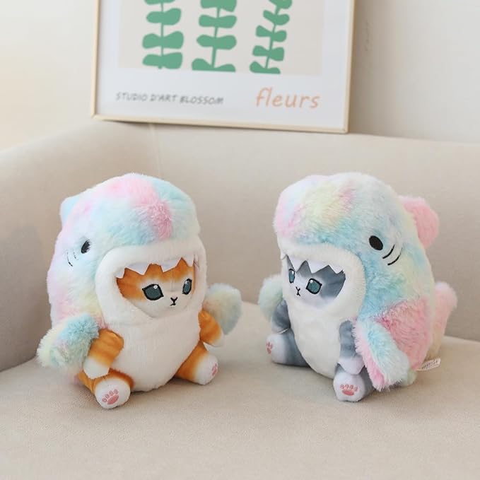 Shark Cat Plush Toy, Cute Fried Shrimp Shark Stuffed Animals Doll, Kawaii Shark Cat Plush Pillow Toy Birthday for Kids Boys Girls (12inch, Tie Dye)