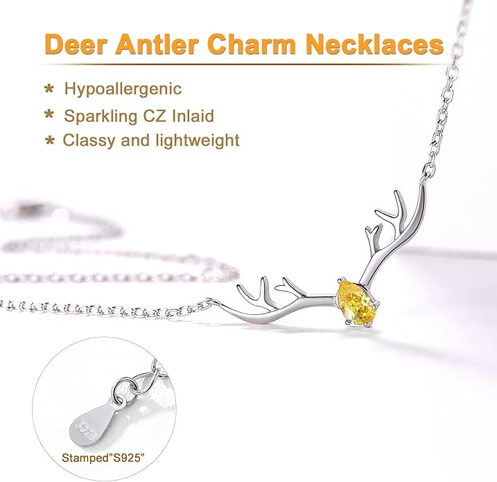 SILVERCUTE Sterling Silver Birthstone Necklaces for Women, Xmas Antler Deer Pendant Necklace with Colorful Cubic Zirconia,16-18 inches