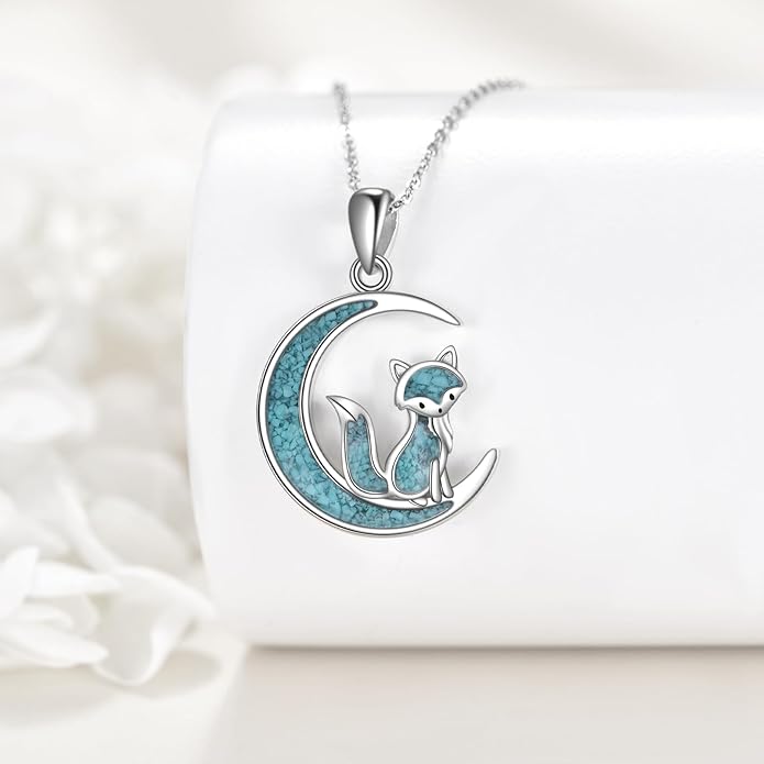Turquoise Animal Necklace 925 Sterling Silver Cat/Fox/Owl Moon Pendant Jewelry Gift for Women