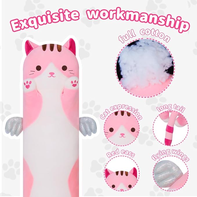 Long Cat Plush Body Pillow, Cute Cat Plush Toy Pillows with Wings, Stuffed Animals Kitten Soft Plushies Gifts for Kids Girls Girlfriend(Pink, 35.4in/90cm)