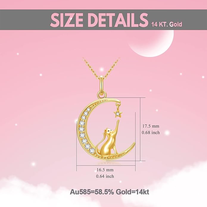 SISGEM 14K Real Gold Moon Cat Necklace for Women, Delicate Gold Cat Star Crescent Moon Pendant Anniversary Jewelry Gift for Her,Wife, Mom 18"