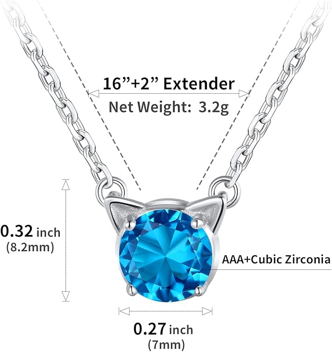 SILVERCUTE Sterling Silver Birthstone Necklace for Women,Dainty Silver Pendant Necklace with Round Cubic Zirconia,16"-18"