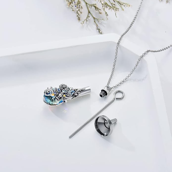 Animal Crystal Urn Necklace For Ashes Sterling Silver Butterfly Dragonfly Bee Phoenix Peacock Hummingbird Fox Angel Wing Pentagram Pentacle Cremation Necklace Heart Teardrop Urn Holder Necklaces For Women Memorial Jewelry