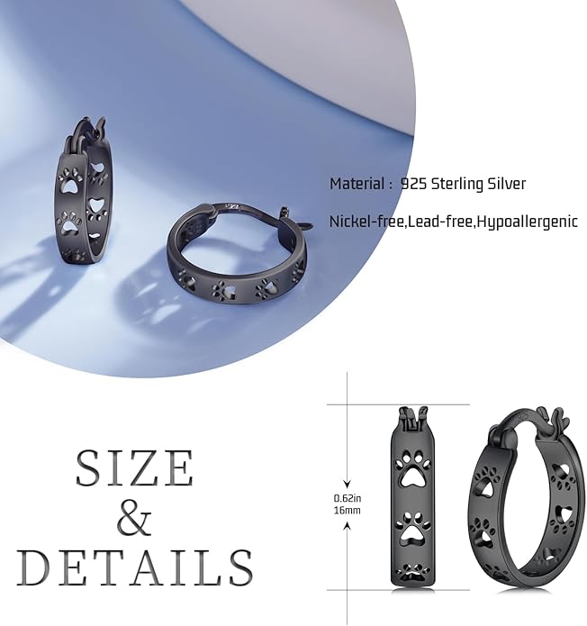 Paw Earrings 925 Sterling Silver Paw Hoop Earrings Cat Dog Jewelry Gifts for Women
