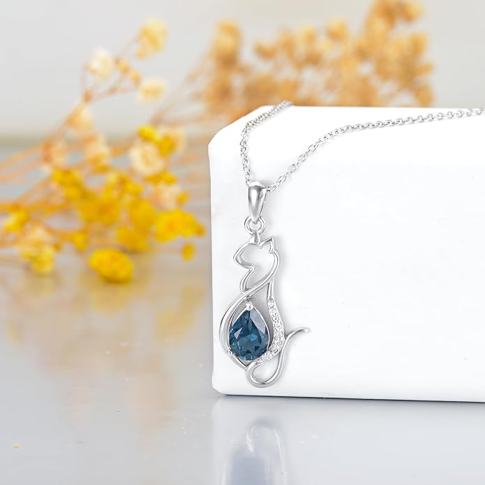 Sterling Silver Blue Topaz/Diamond Cat Pendant Necklace - Jewelry Gifts for Cat Lovers (18"+2")