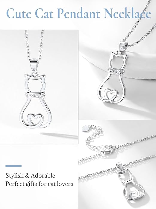 SILVERCUTE Cat Necklaces for Cat Lovers Sterling Silver Womens Jewelry S925 Kitten Pendant Cat Collarbone Necklace