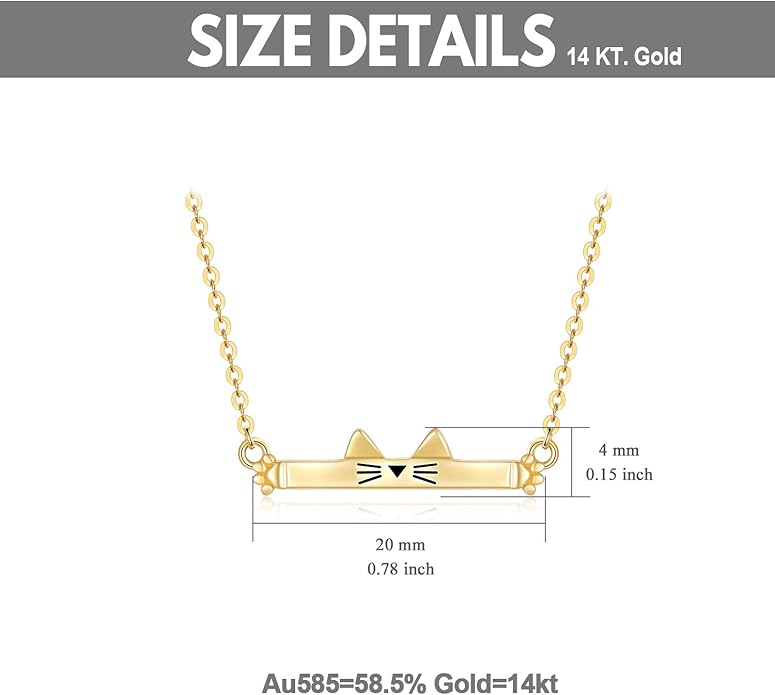 SISGEM 14K Real Gold Cat Bar Necklace for Women,Yellow Gold Cute Cat Pendant Necklaces Christmas Birthday Gifts for Her 16''-18''