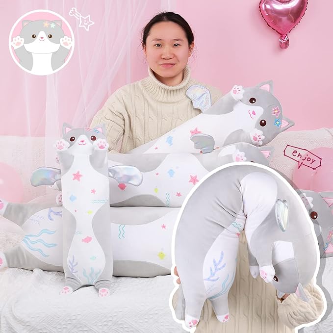 AIXINI Long Cat Plush Pillow Cartoon Cute Gray Cat Stuffed Animals, Soft Kawaii Kitten Plushies Pillow Toy for Kids (Gray,27.5inch)