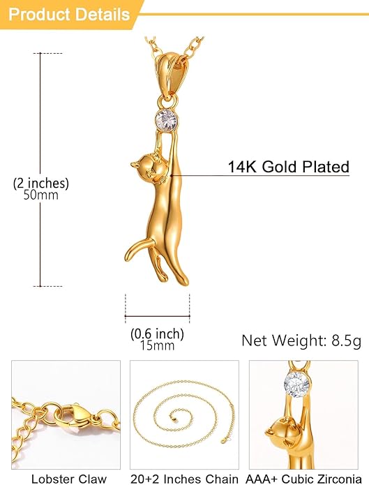 U7 Cat Pendant Necklace for Women Stainless Steel Cute Kitty Cat Jewelry Gift