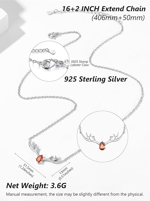Silvora 925 Sterling Silver Deer Antler Necklace, Antler Deer Jewelry Antler Pendant Choker Birthstone Necklace Christmas Jewelry for Women