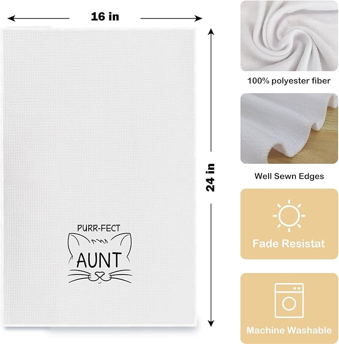 Funny Cat Kitchen Towels for Aunt, Purr-FECT Aunt Hand Towels, Waffle Weave for Kitchen & Bathroom, Cat Lovers' Gift, 16x24 Inch