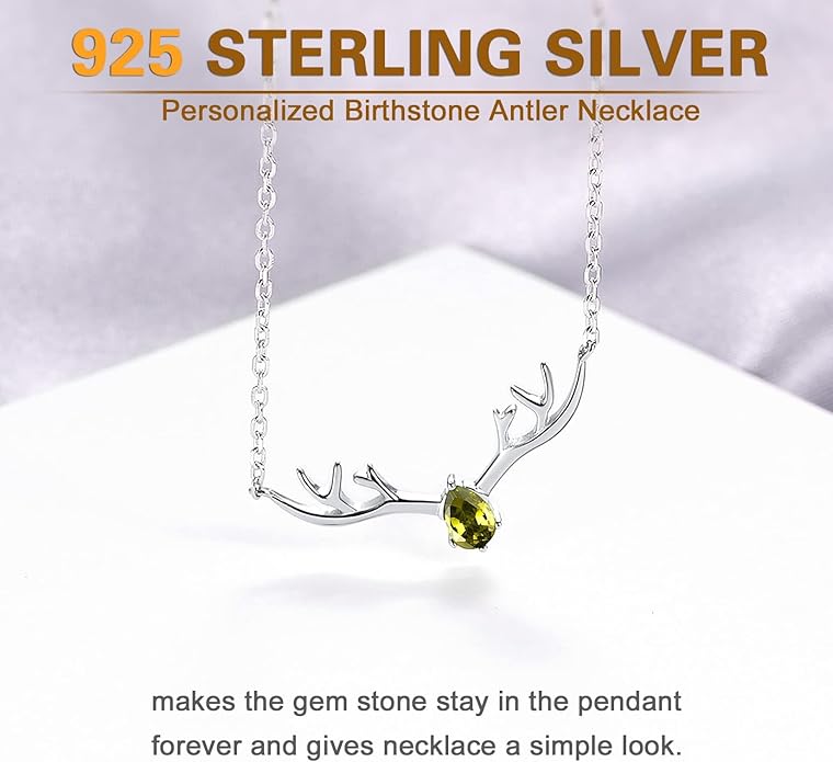 SILVERCUTE Sterling Silver Birthstone Necklaces for Women, Xmas Antler Deer Pendant Necklace with Colorful Cubic Zirconia,16-18 inches