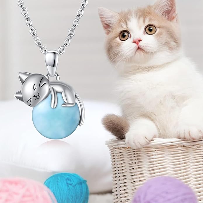 Natural Gemstone Cat Necklace for Women 925 Sterling Silver Cute Kitten Pendant with Genuine Turquoise/Rose Quartz/Amethyst/Larimar/Labradorite/Moss Agate/Blue Sandstone Jewelry Gifts