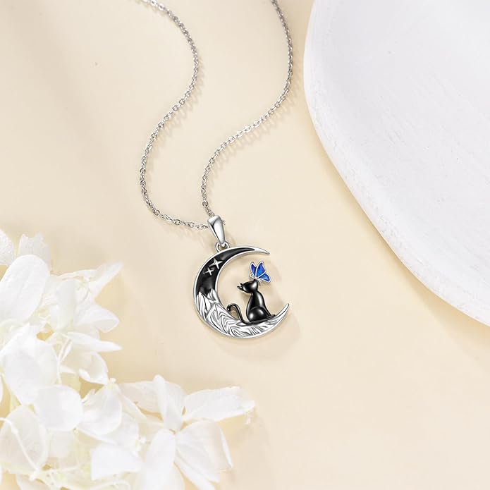 TIGER RIDER Moon Cat Necklace 925 Sterling Silver Blue Butterfly Black Jewelry Gifts Birthday Christmas Gifts for Women Wife Cat Lovers