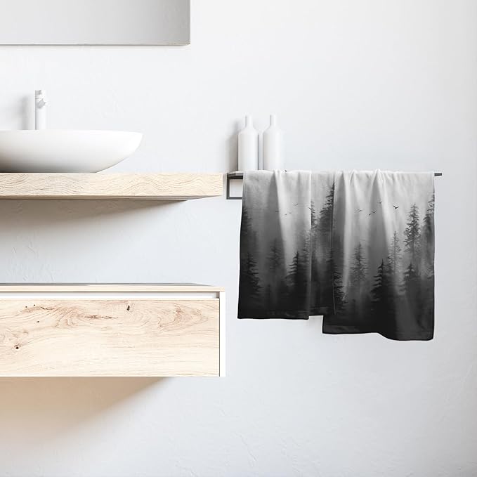 Black Misty Forest Hand Towels Set of 2 Mountain Woodland Soft Absorbent Face Bath Towel Dish Towel Bathroom Kitchen Towel Decor Gift
