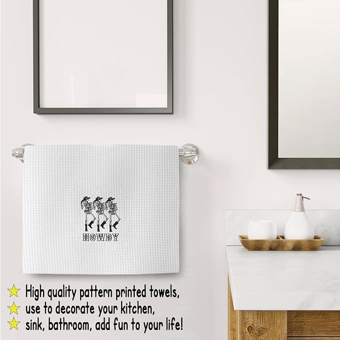 Preppy Howdy Skeleton Halloween Bathroom Kitchen Hand Decor Towels 16″×24″, Halloween Kitchen Towels Decor, Funny Skeleton Housewarming Gifts