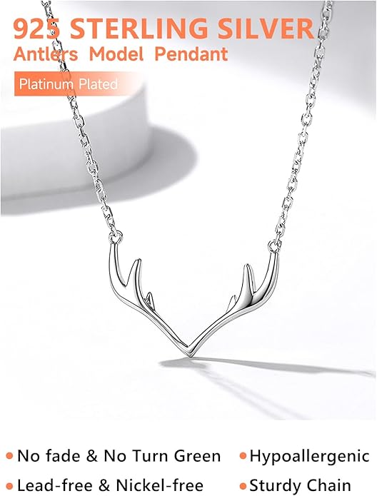 Silvora 925 Sterling Silver Deer Antler Necklace, Antler Deer Jewelry Antler Pendant Choker Birthstone Necklace Christmas Jewelry for Women
