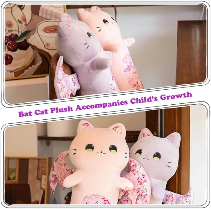 ELAINREN Long Bat Cat Plush Body Pillow Crazy Stuffed Pink Cat with Wings Halloween Large Bat Cat Plushie Toy Gifts/23.6''