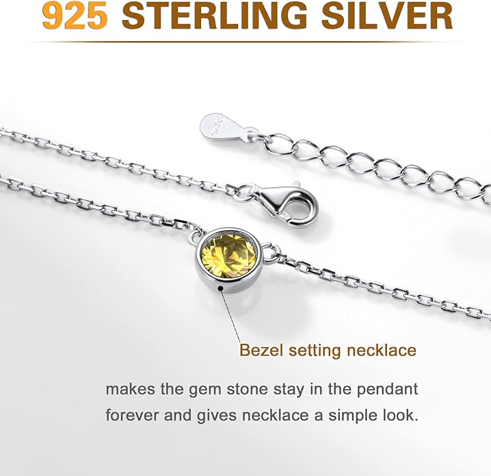 SILVERCUTE Sterling Silver Birthstone Necklace for Women,Dainty Silver Pendant Necklace with Round Cubic Zirconia,16"-18"