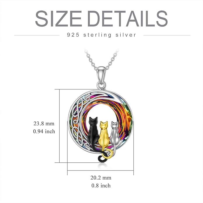 TOUPOP Cat Gifts for Cat Lovers 1 2 3 Cats Necklace Sterling Silver Cat on the Moon Pendant Necklace with Blue Circle Crystal Birthday Christmas Celtic Jewelry Gifts for Women
