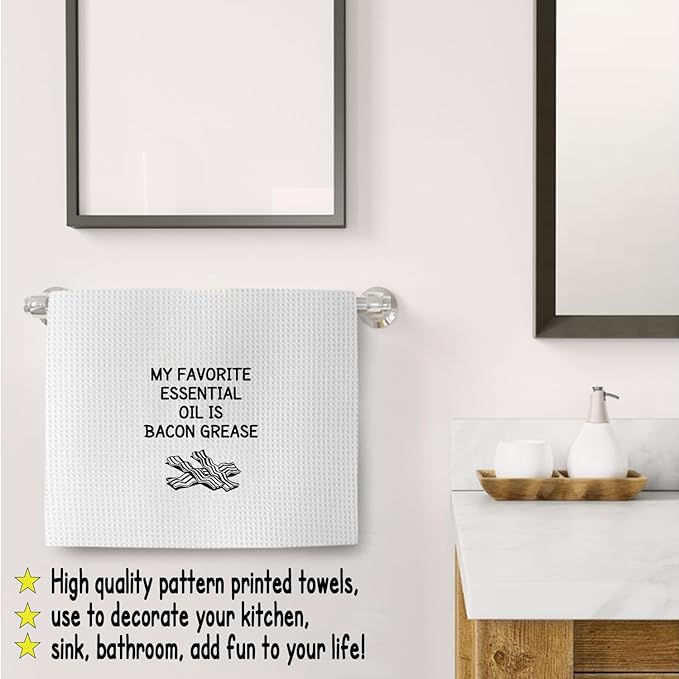 Funny Kitchen Towels Decor Housewarming Gifts, Bacon Grease Themed Gifts Kitchen Bathroom Decor Towels 16″×24″, Fun Kitchen Towels, My Favorite Essential Oil: Bacon Grease