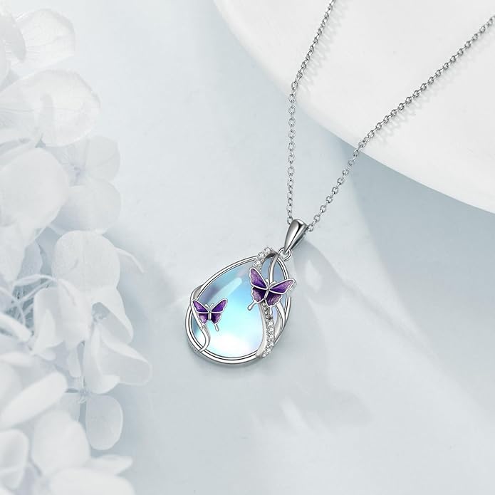 KQF Dragonfly/Butterlfy/Cat/Jellyfish/Bunny/Axolotl/Bee/Mermaid/Hummingbird/Elephant Necklace for Women Sterling Silver Moonstone Pendant Necklace Dragonfly Jewelry Gifts for Women