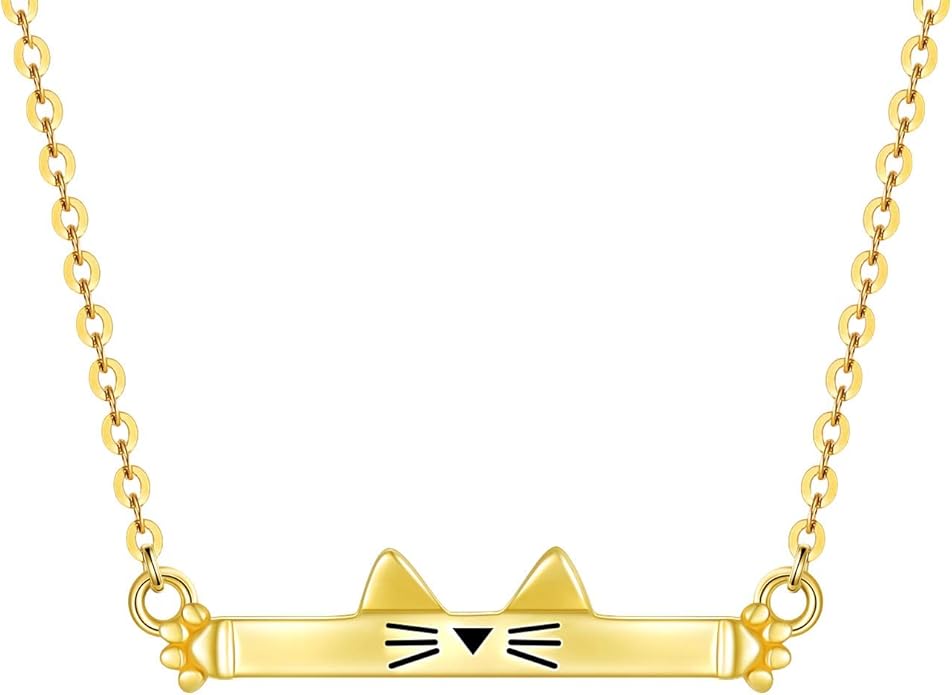 SISGEM 14K Real Gold Cat Bar Necklace for Women,Yellow Gold Cute Cat Pendant Necklaces Christmas Birthday Gifts for Her 16''-18''
