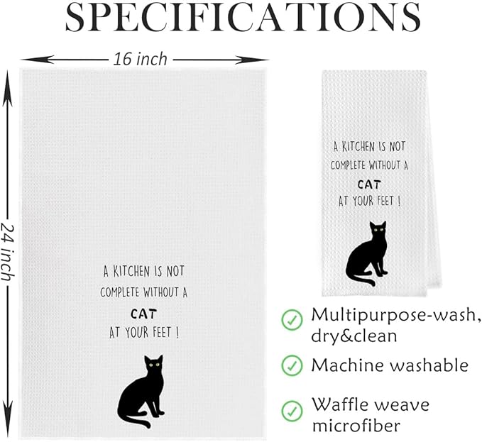 Cat Gifts Dish Towels Set - Funny Waffle Weave Kitchen Hand Tea Towels, Black Cat Gift (1624 Inches Set of 2)