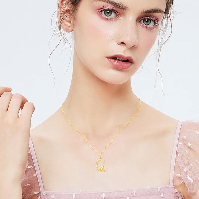 SISGEM 14K Real Gold Moon Cat Necklace for Women, Delicate Gold Cat Star Crescent Moon Pendant Anniversary Jewelry Gift for Her,Wife, Mom 18"