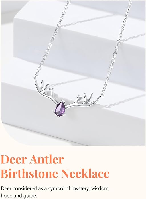 Silvora 925 Sterling Silver Deer Antler Necklace, Antler Deer Jewelry Antler Pendant Choker Birthstone Necklace Christmas Jewelry for Women