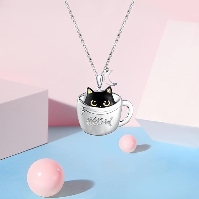 Black Cat and Moon Silver Pendant Necklace for Women - Cat Lover Jewelry Gift for Birthday Party