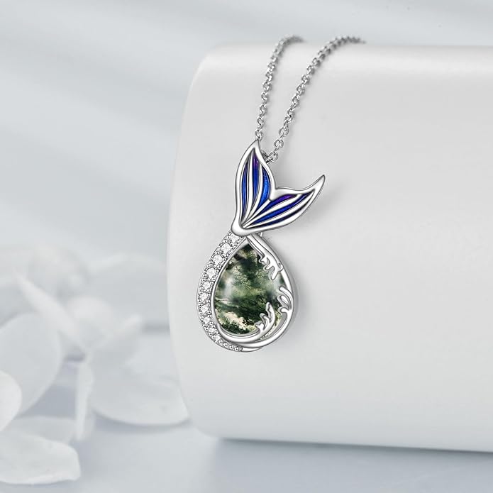 Teardrop Moss Agate/Turquoise/Moonstone/Larimar Mermaid/Fox/Cat Necklace Sterling Silver Pendant Necklace Jewelry Gifts for Women