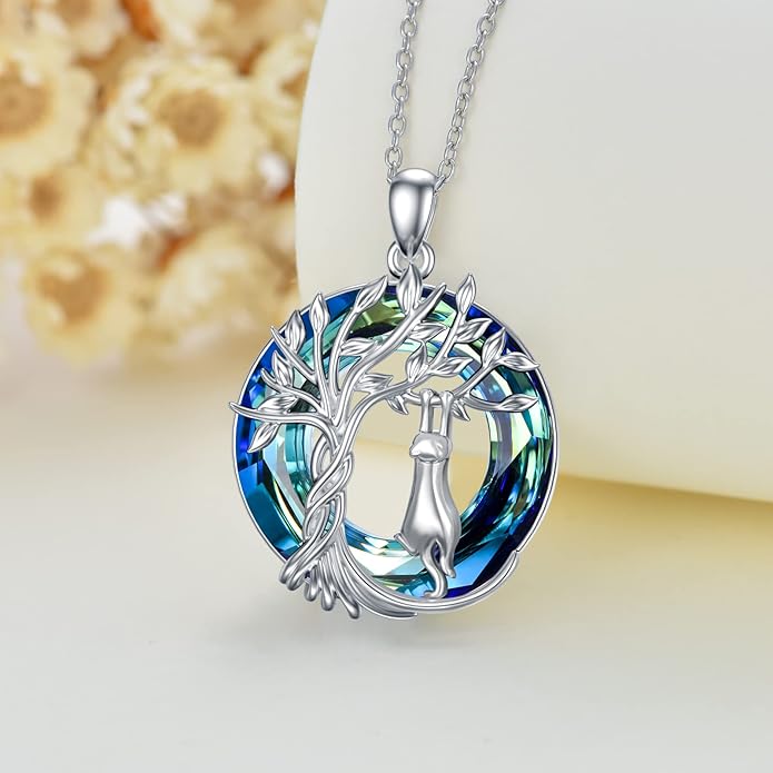 TOUPOP Cat Gifts for Cat Lovers Sterling Silver Cute Cat Tree of Life Pendant Necklace with Blue Circle Crystal Birthday Christmas Jewelry Gifts for Women