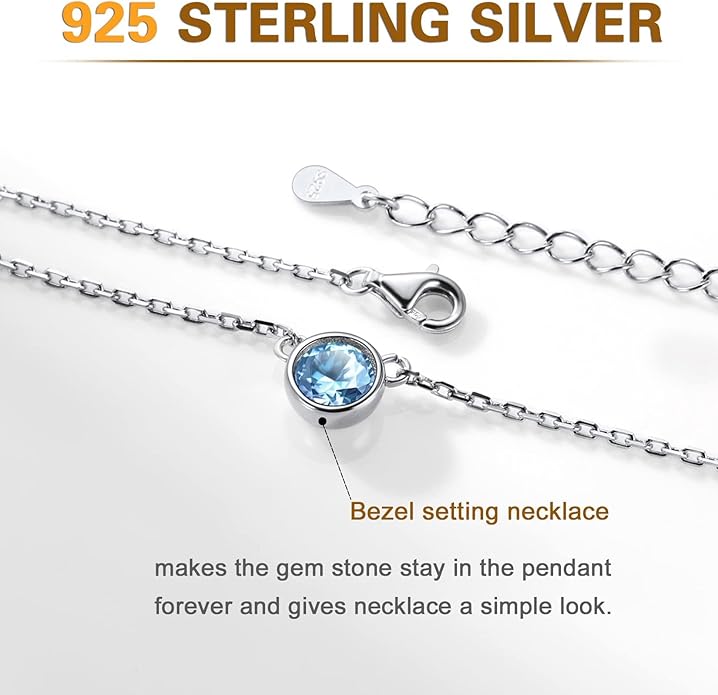 SILVERCUTE Sterling Silver Birthstone Necklace for Women,Dainty Silver Pendant Necklace with Round Cubic Zirconia,16"-18"