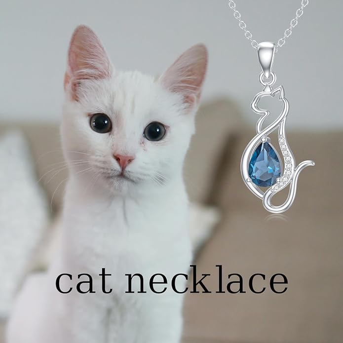 Sterling Silver Blue Topaz/Diamond Cat Pendant Necklace - Jewelry Gifts for Cat Lovers (18"+2")