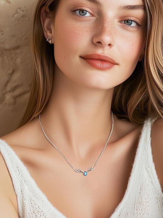Silvora 925 Sterling Silver Deer Antler Necklace, Antler Deer Jewelry Antler Pendant Choker Birthstone Necklace Christmas Jewelry for Women