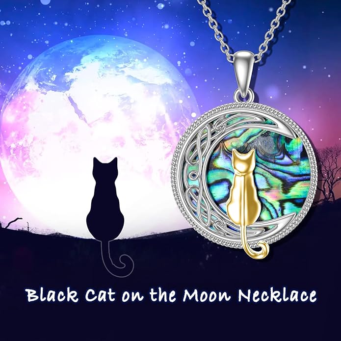 TOUPOP Cat Necklace Sterling Silver Abalone Shell Celtic Cat on the Moon with Abalone Shell Birthday Christmas Jewelry Gifts for Women