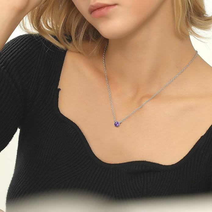 SILVERCUTE Sterling Silver Birthstone Necklace for Women,Dainty Silver Pendant Necklace with Round Cubic Zirconia,16"-18"