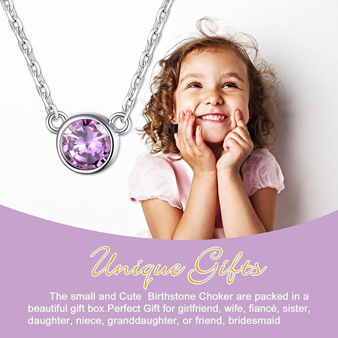 SILVERCUTE Sterling Silver Birthstone Necklace for Women,Dainty Silver Pendant Necklace with Round Cubic Zirconia,16"-18"