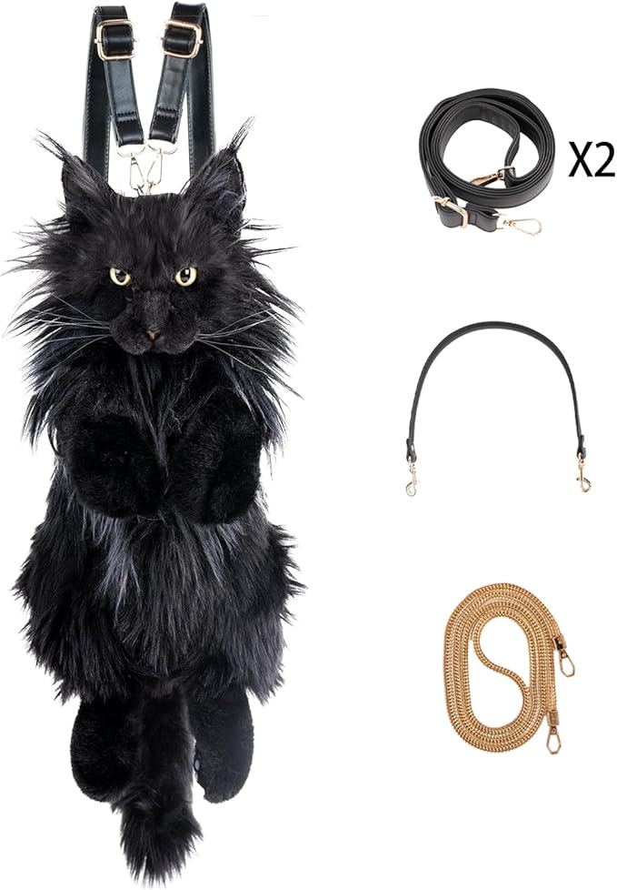 Chongker Cat Shaped Backpack - Handcrafted Stuffed Animals Bag, Black Cat Plush Bag with Adjustable Shoulder, Crossbody, and Backpack Straps, Maine Coon