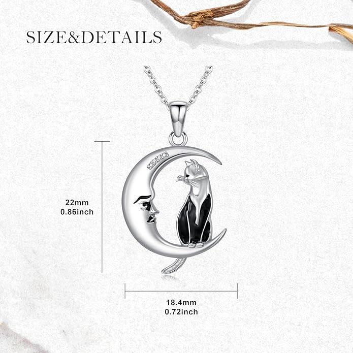 Diamond Black Cat Necklace for Women 925 Sterling Silver Cat on Moon Necklace Pendant Black Cat Jewelry Gifts for Women Mom Wife Girlfriend Daughter Girls