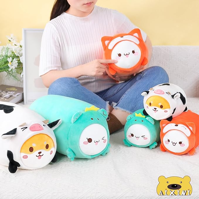 AIXINI Cute Cat Frog Plush Pillow 15.7” Kitten Froggy Stuffed Animal, Soft Kawaii Cat Plushie with Frog Outfit Costume, Hugging Plush Squishy Pillow Toy Gifts for Kids