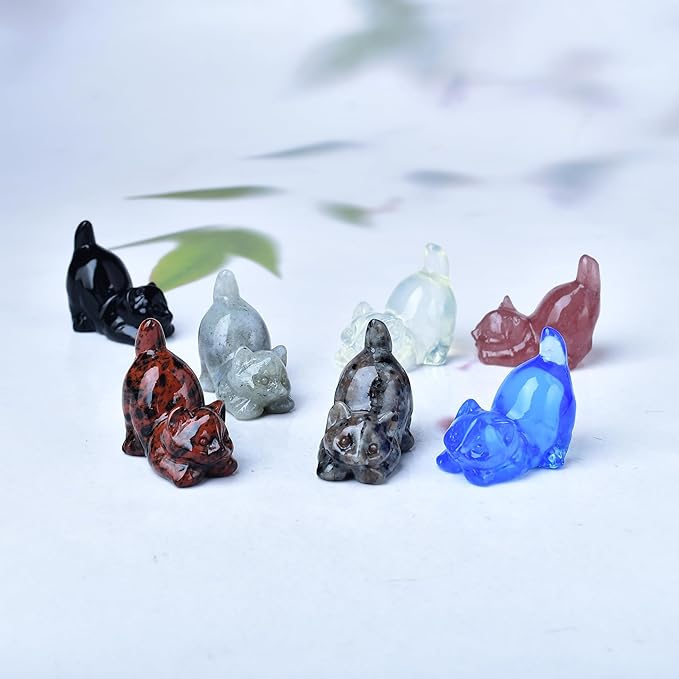 Opal Cat Crystal Statue Healing Crystal Reiki Meditation Pocket Gem Guardian Sculpture Home Study Table Desk Decor Collection Gift for Loved Ones