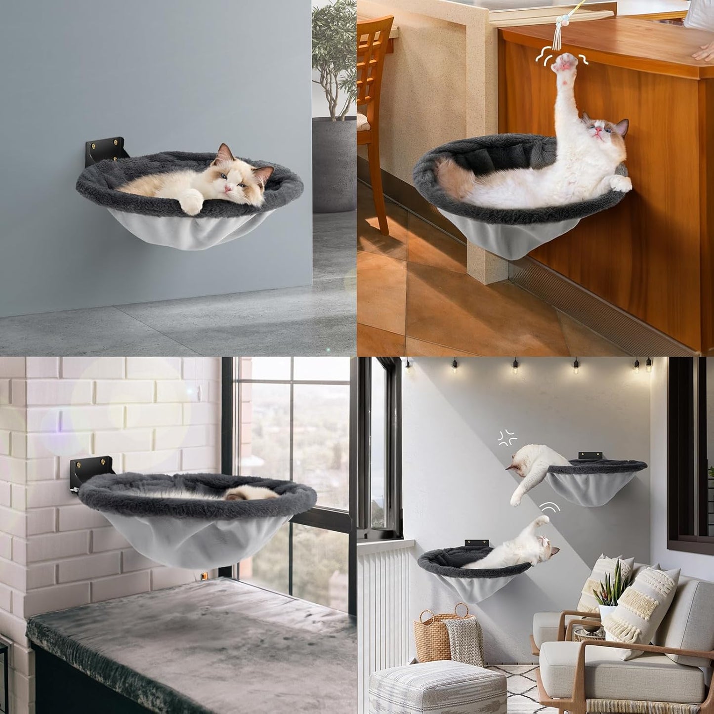 Cat Hammock Wall Mounted, Foldable & Stable Cat Beds- Breathable Cats Wall Shelves for Sleeping, Playing, Climbing, and Lounging - Maximum Hold Up to 30lb(Gray,Faux Rabbit Fur)