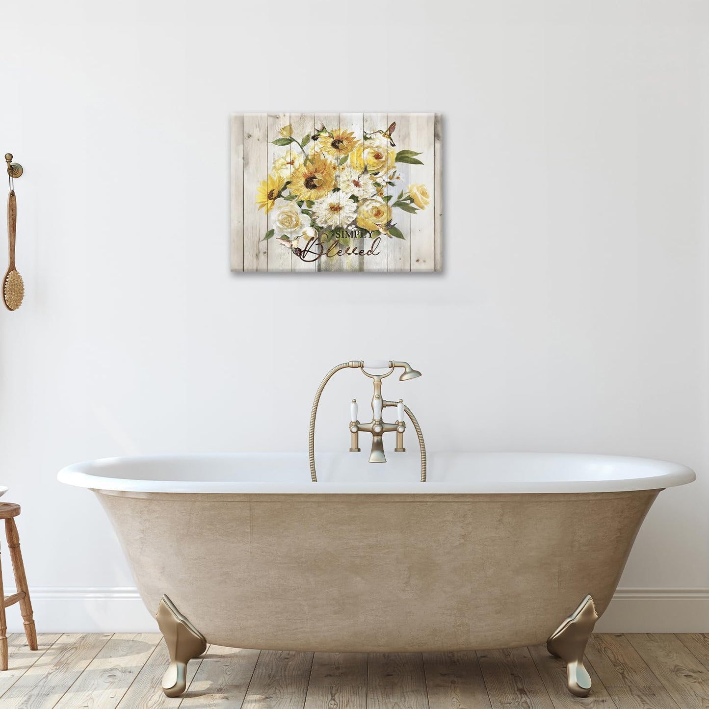 Sunflower Bathroom Pictures Wall Art, Simple Blessed Floral Bathroom Wall Decor, Flower Framed Painting Canvas Artwork for Bedroom Living Room Decorations 20"L x 16"W