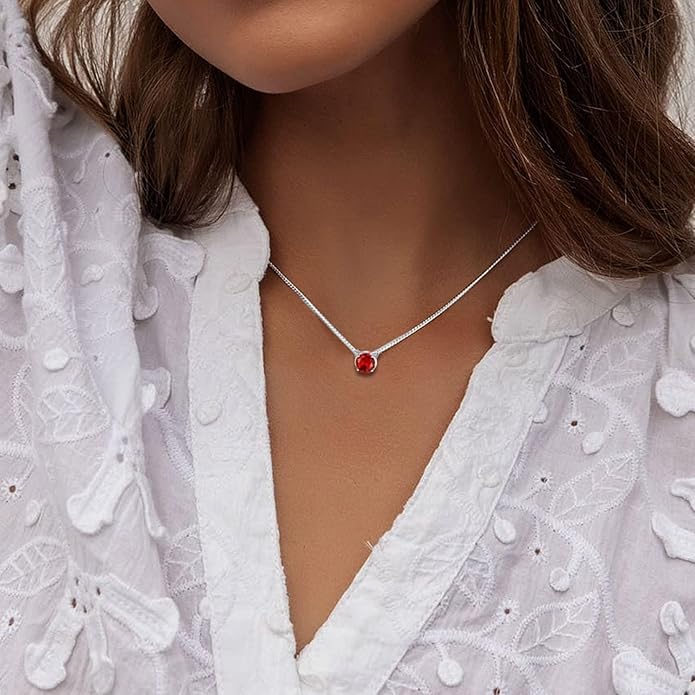 SILVERCUTE Sterling Silver Birthstone Necklace for Women,Dainty Silver Pendant Necklace with Round Cubic Zirconia,16"-18"